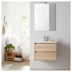 PROMO Meuble salle de bain - 60 cm - avec plan vasque - Effet chêne cambrian - A suspendre - miroir et éclairage inclus - Siris - PlaneteBain.com