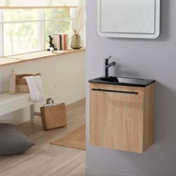 Meuble finition bois pour wc avec lave-mains en solid surface noir et mitigeur noir - PlaneteBain.com