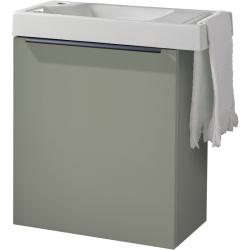 Meuble vert mat Solo avec lave-mains et porte serviette intégré pour Robinet à gauche - poignée noire - PlaneteBain.com