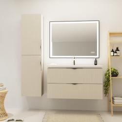 Meuble salle de bain strié - 100 cm - avec plan vasque - Beige cachemire mat - à suspendre - Tirso - PlaneteBain.com