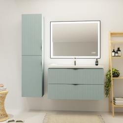 Meuble salle de bain strié - 100 cm - avec plan vasque - Vert fjord mat - à suspendre - Tirso - PlaneteBain.com