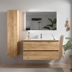 Meuble salle de bain - 100 cm - avec plan vasque - Effet chêne brut - A suspendre - KARAIB - PlaneteBain.com