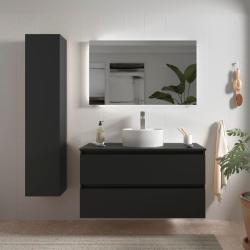 Meuble salle de bain - 100 cm - avec vasque à poser - Noir mat - A suspendre - KARAIB - PlaneteBain.com