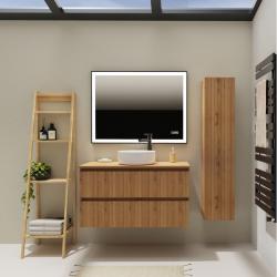 Meuble salle de bain 100 cm pour vasque à poser - Effet bois strié - A suspendre - Karaib 2 - PlaneteBain.com