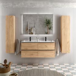 Meuble salle de bain - 120 CM - Plan double vasques céramique - Effet chêne brut - poignées noires - A suspendre - ARUBA - PlaneteBain.com