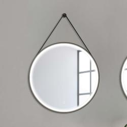 Miroir salle de bain style barbier rond contour noir avec sangle - 75 cm - avec led - barber black - PlaneteBain.com