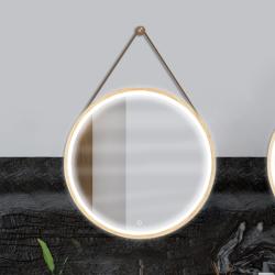 Miroir salle de bain style barbier rond effet bois avec sangle - 75 cm - avec led - barber chêne - PlaneteBain.com