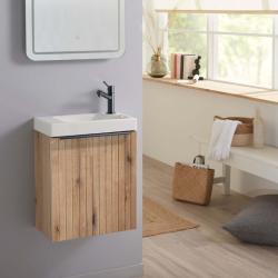 Pack lave-mains Bois Strié avec poignée noire et lave-mains - Robinetterie Eau froide à droite - L.42.5 X H.52.5cm - Hamac 3 PLANETE BAIN