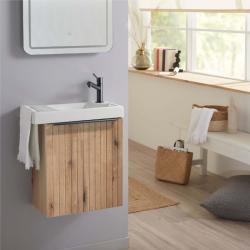Pack lave-mains Meuble Bois Strié avec Poignée noire et porte serviette - robinetterie eau froide à droite - L.48XH.52.5 cm - PlaneteBain.com