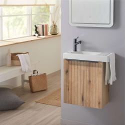 Pack lave-mains Meuble Bois Strié avec Poignée noire et porte serviette - robinetterie eau froide à gauche - L.48XH.52.5 cm - PlaneteBain.com