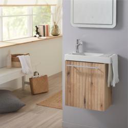 Pack lave-mains Bois Strié avec porte serviette - Robinetterie Eau froide à gauche - L.48 X H. 52.5 cm - Houston - PlaneteBain.com