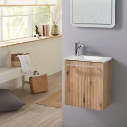 Pack lave-mains Bois Strié avec vasque design blanche - Robinetterie Eau froide à gauche - L.42.5 X H. 48.6 cm - Hanos - PlaneteBain.com
