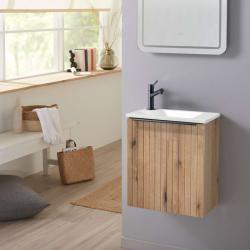 Pack lave-mains Strié Bois et poignée noire avec lave-mains extra fin blanc - Robinet Eau froide à gauche -L.42.5 X H.48.6cm - PlaneteBain.com