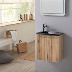 Pack lave-mains Strié Bois et poignée noire avec lave-mains extra fin noir - Robinet Eau froide à gauche -L.42.5 X H.48.6cm - PlaneteBain.com