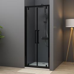 Porte de douche double battant 80x200 cm Aluminium noir mat verre de sécurité 6 mm anticalcaire réversible - PlaneteBain.com