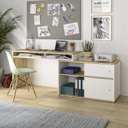 PROMO Bureau modulable à rangements CALIXTE blanc/bois, Couleur Imitation chêne beige, L203, l45, H75, ALFRED ET COMPAGNIE