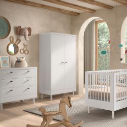 PROMO Chambre bébé complète lit bébé évolutif + commode à langer + armoire AUBANE hêtre blanc, Couleur Blanc, L, l, H, ALFRED ET COMPAGNIE