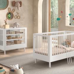 PROMO Chambre bébé essentielle lit bébé évolutif + table à langer AUBANE hêtre blanc, Couleur Blanc, L, l, H, ALFRED ET COMPAGNIE