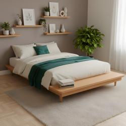 PROMO Lit 140x190 en hêtre massif AÏKO, Couleur Hêtre brut, L231, l158, H25, ALFRED ET COMPAGNIE