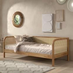 PROMO Lit banquette enfant 90x200 en chêne et cannage Aëla, Couleur Chêne, L209, l96, H75, ALFRED ET COMPAGNIE