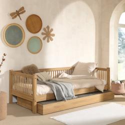 PROMO Lit banquette gigogne 90x200 en chêne massif ROMANE, Couleur Chêne, L208, l98, H68, ALFRED ET COMPAGNIE