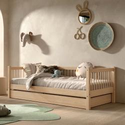 PROMO Lit banquette gigogne 90x200 en hêtre massif AUBANE, Couleur Naturel, L208, l98, H68, ALFRED ET COMPAGNIE