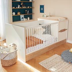 PROMO Lit bébé évolutif combiné avec assise banquette 70x140 Aurore blanc, Couleur Blanc/Bois, L206, l112, H92, ALFRED ET COMPAGNIE