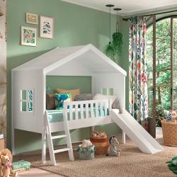 PROMO Lit cabane enfant surélevé toboggan 90x200 pin AXEL, Couleur Blanc, L213, l192, H202, ALFRED ET COMPAGNIE