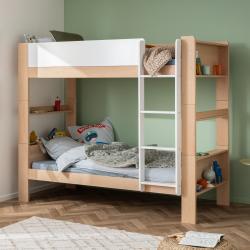 PROMO Lit superposé enfant 90x190 hêtre massif séparable avec rangements ARSENE blanc/bois, Couleur Blanc/bois, L219, l104, H182, ALFRED ET COMPAGNIE