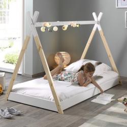 PROMO LIT TIPI ENFANT AVEC SOMMIER 90x200 PIN BLANC/NATUREL AGDA, Couleur , L206, l106, H134, ALFRED ET COMPAGNIE