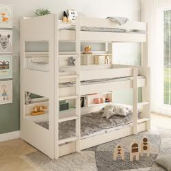 PROMO Pack lit superposé 3 places avec étagères + 3 matelas 90x200 EDOUARD blanc, Couleur Blanc, L204, l115, H205, ALFRED ET COMPAGNIE