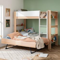 PROMO Pack lit superposé hêtre massif 90x190 séparable avec rangements + lit gigogne ARSENE blanc/bois, Couleur Blanc/bois, L219, l104, H182, ALFRED