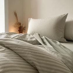 PROMO Parure de lit 1 personne 140x200 taie 60x60 Percale de Coton Bio rayée Vert Tilleul, Couleur Rayé vert tilleul et blanc, L200, l140, H, ALFRED