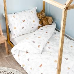 Parure de lit bébé Taie et Housse de couette 100x140 cm DREAM FORREST, Couleur Ecru, imprimé animaux de la forêt : renards, hérissons, cerfs et