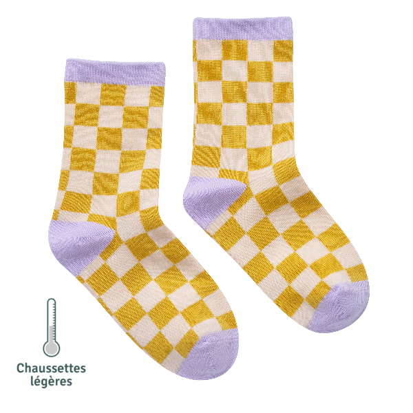 Chaussettes sans couture damier - Confort Pieds Sensibles et Hypersensibilité - Coton doux Ocre - Tichoups TICHOUPS.FR