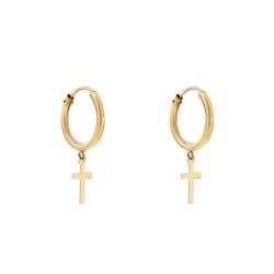 Boucles d'Oreilles Créoles Croix en Or Jaune 375, Diamètre 12 mm - Emanessence