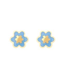 Boucles d'Oreilles Fleur en Or Jaune & Bleue Email - Bambins