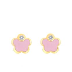 Boucles d'Oreilles Fleur en Or Jaune & Oxyde et Email Rose - Bambins