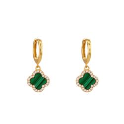 Boucles d'Oreilles Mini Créoles Trèfle en Argent 925 Doré & Oxydes de Zirconium Blancs et Malachite - Aurora