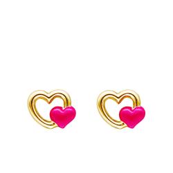 Boucles d'Oreilles Motif Double Coeurs en Or Jaune 375 & Email Rose - Bambins