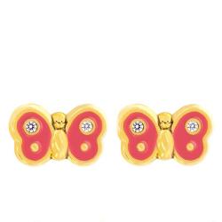 Boucles d'Oreilles Papillon en Or Jaune & Oxyde et Email Rose - Bambins