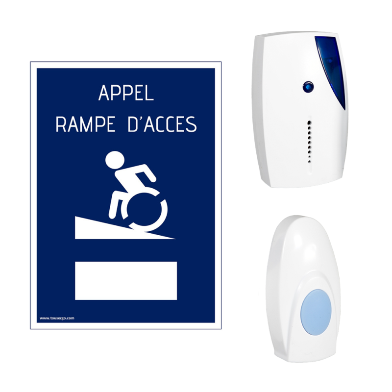 Carillon d'appel pour rampe d'accès PMR visuel et sonore - - Norme ERP - - Poids max supporté : - Blanc