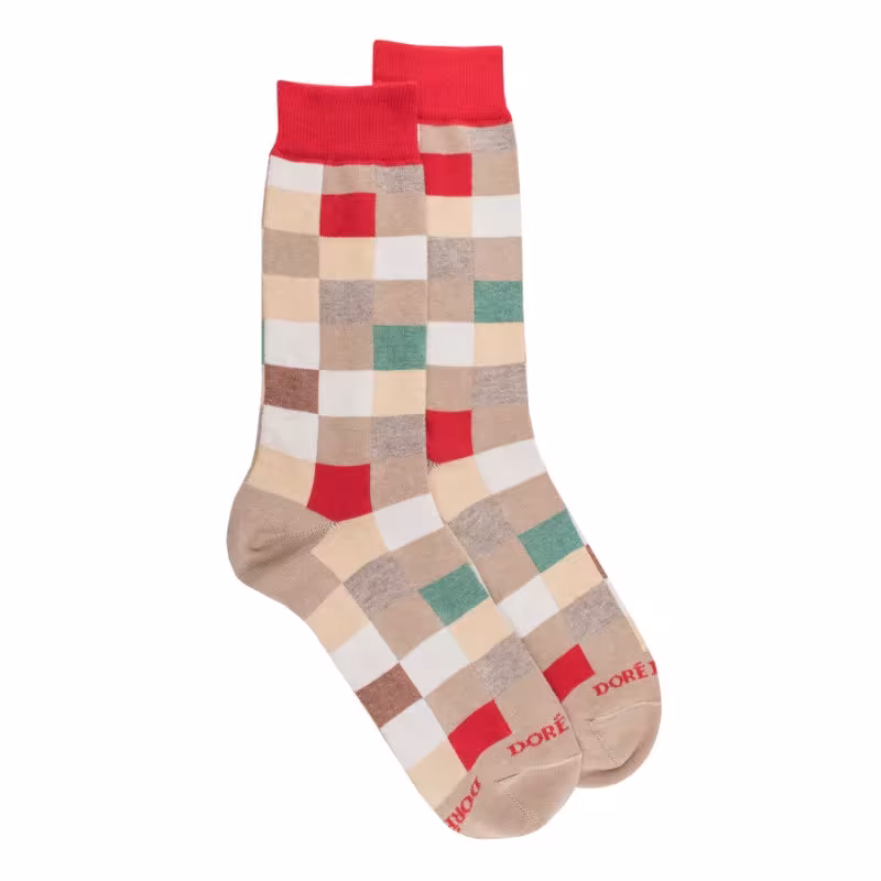 Doré Doré - Chaussettes homme échiquier en coton égyptien - Bleu Bassin & Jaune Papaye 37-40