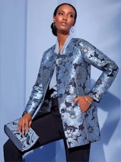Blazer long jacquard de qualité, couleur bleu, taille 42, marque Creation L - Witt