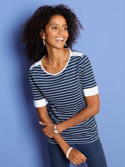 T-shirt à encolure ronde avec œillets et laçage - marine à rayures fines - 44 - WITT