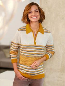 Pull polo col polo avec fermeture à glissière pratique - ocre-écru à rayures fines - 50 - WITT