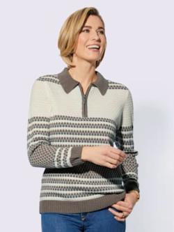 Pull polo col polo avec fermeture à glissière pratique - taupe-écru à rayures fines - 52 - WITT