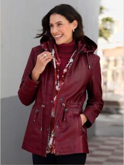 Veste en cuir capuche amovible avec empiècement imitation fourrure - rouge foncé - 52 - WITT