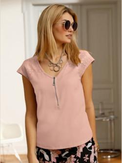 T-shirt col v à glissière épaules en dentelle - couleur poudre - 46 - WITT