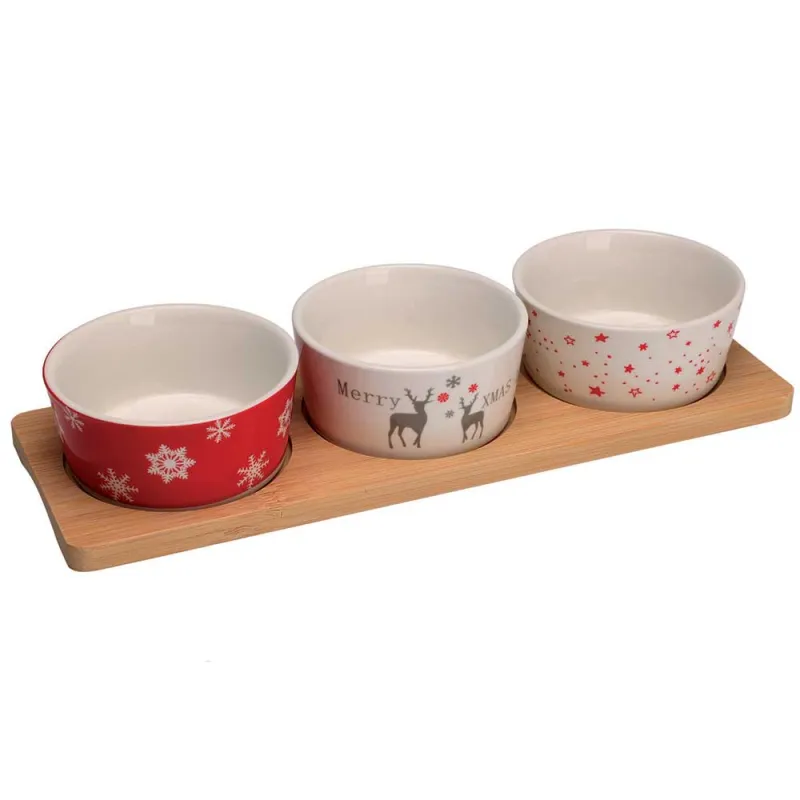 3 bols porcelaine Noël 8x4cm + plateau bambou 29x12cm - Ducatillon